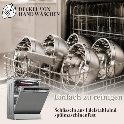 BEWOS 16-Stück Rührschüssel Set mit Deckel - Edelstahl-Rührschüssel, Nistend Design & Spülmaschinenfest, inkl. Reiben, Größen 0,7/1,1/1… – Ansicht 6