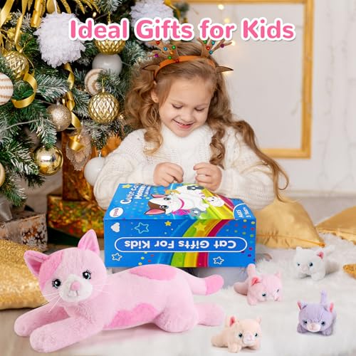 Image of 5 Pieces Cat Stuffed Animals with Babies Inside Belly - 1 Mommy Stuffed Cat with 4 Kittens - Stuffed Kitty Plush Toys for Kid Age 3-8, Gift Ideal for Christmas, Valentine's, Birthday (Pink)