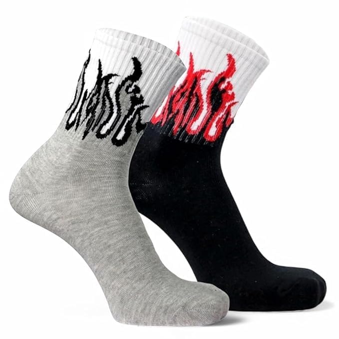 Image of 7 Pairs Pure Premium Cotton Socks Men & Women Calf Length Crew Flame Pattern Vibrant Colors, Full Length Comfort Stretchable Free Size Anti Odur Sweat Free Anti Slip