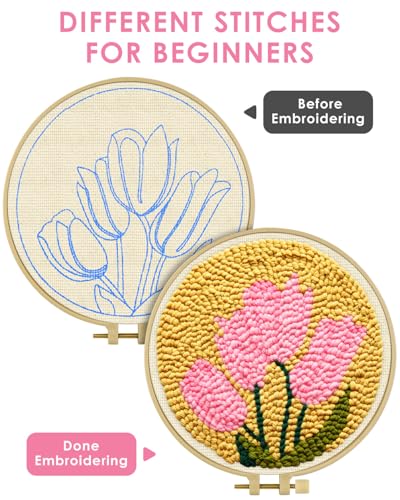 Image of TINDTOP Punch Needle Embroidery Kits, Tulip Punch Needle Kits for Adults Beginner, Tool with Punch Needle Fabric, Hoops, Yarns and Sewing Needles