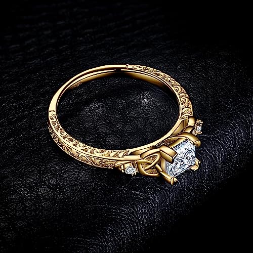 JewelryPalace Vintage Celtic Knot Princess Cut 1.2ct Cubic Zirconia Solitaire Engagement Rings for Women, 14k Yellow Gold Plated 925 Sterling Silver Promise Rings, Simulated Diamond Ring Size 104