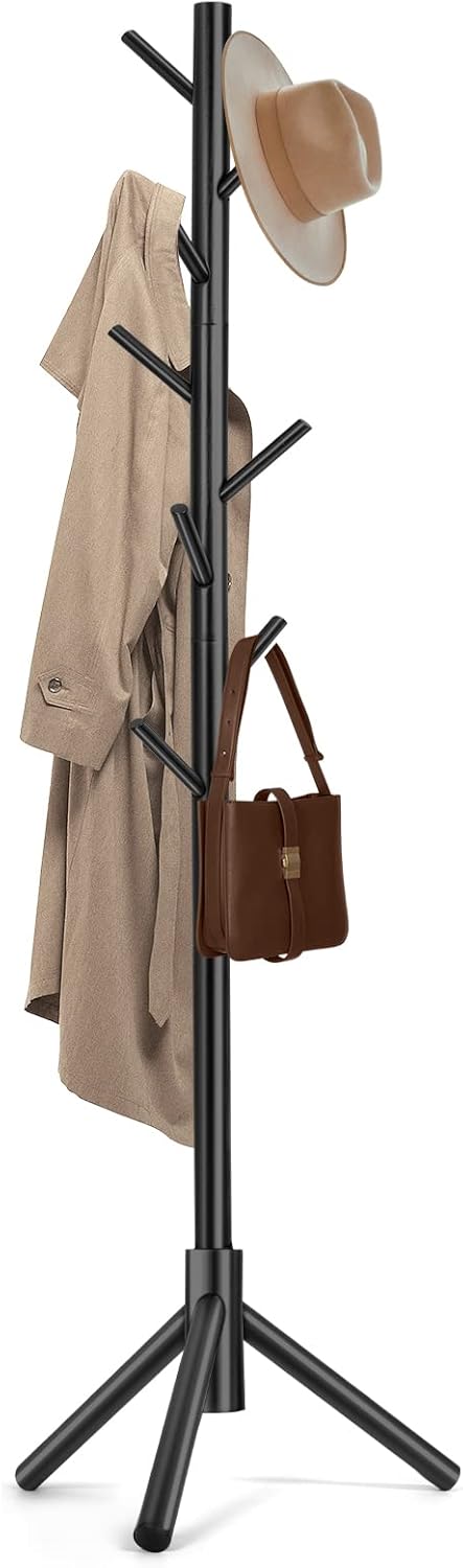 Solid Wooden Coat Rack Freestanding, New Zealand Pine Coat Tree with 8 Hooks & 3 Adjustable Sizes for Coats, Hats, Handbags and Scarves, Space Saving for Entryway/Office/Bedroom (Black) Black 1 PC
