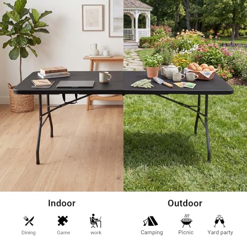 Image of Byliable Folding Table 6ft, Heavy Duty Portable Plastic Fold-in-Half Utility Table with Carrying Handle for Indoor Outdoor, Camping Picnic Party, Black