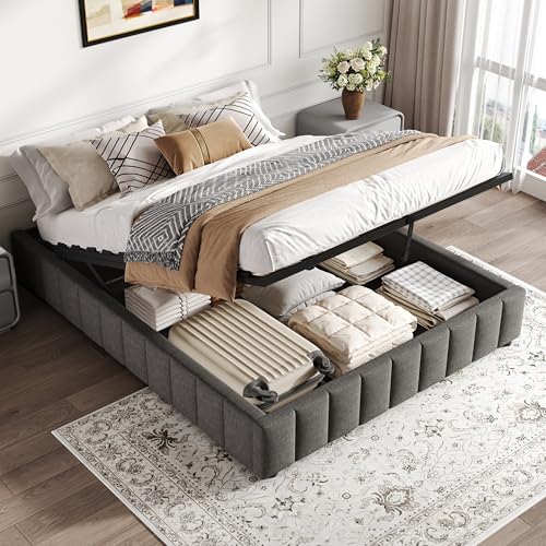 Merax 4FT6 Double Ottoman Storage Bed Frame Upholstered Hydraulic Lift Linen Bed No Headboard Double Bed Frame with Channel Tufted Design Heavy Duty Metal-Wood Support Grey (No Mattress)
