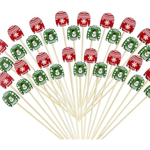 200Pcs Christmas Cocktail Picks,4.7 Inch Christmas Theme Sweater Fruit Toothpick for Xmas Holiday Drink Fruit Dessert Decoration Cover