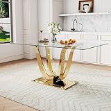 ModaWhly 70' Rectangle Glass Dining Table, Large Gold Kitchen Table for 4-8 People with Tempered Glass Tabletop and Unique Petal-Shape Stainless Steel Base for Kitchen, Dining Room