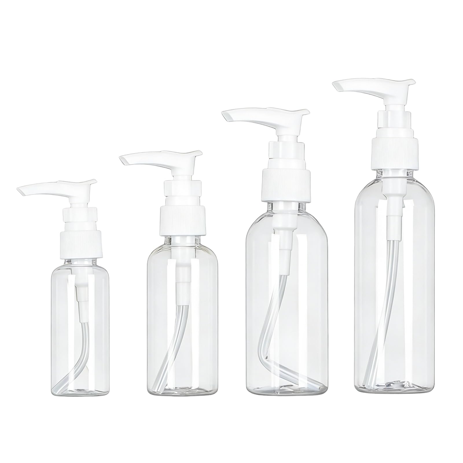 4 Pezzi dispenser per crema, 30ml, 50 ml, 80 ml, 100 ml, Trasparente enza senz'aria Flaconi da Viaggio, Boccette Contenitori Ricaricabile Con 3 imbuti, per Cosmetici, Lozione, Bagno, Shampoo Liquidi