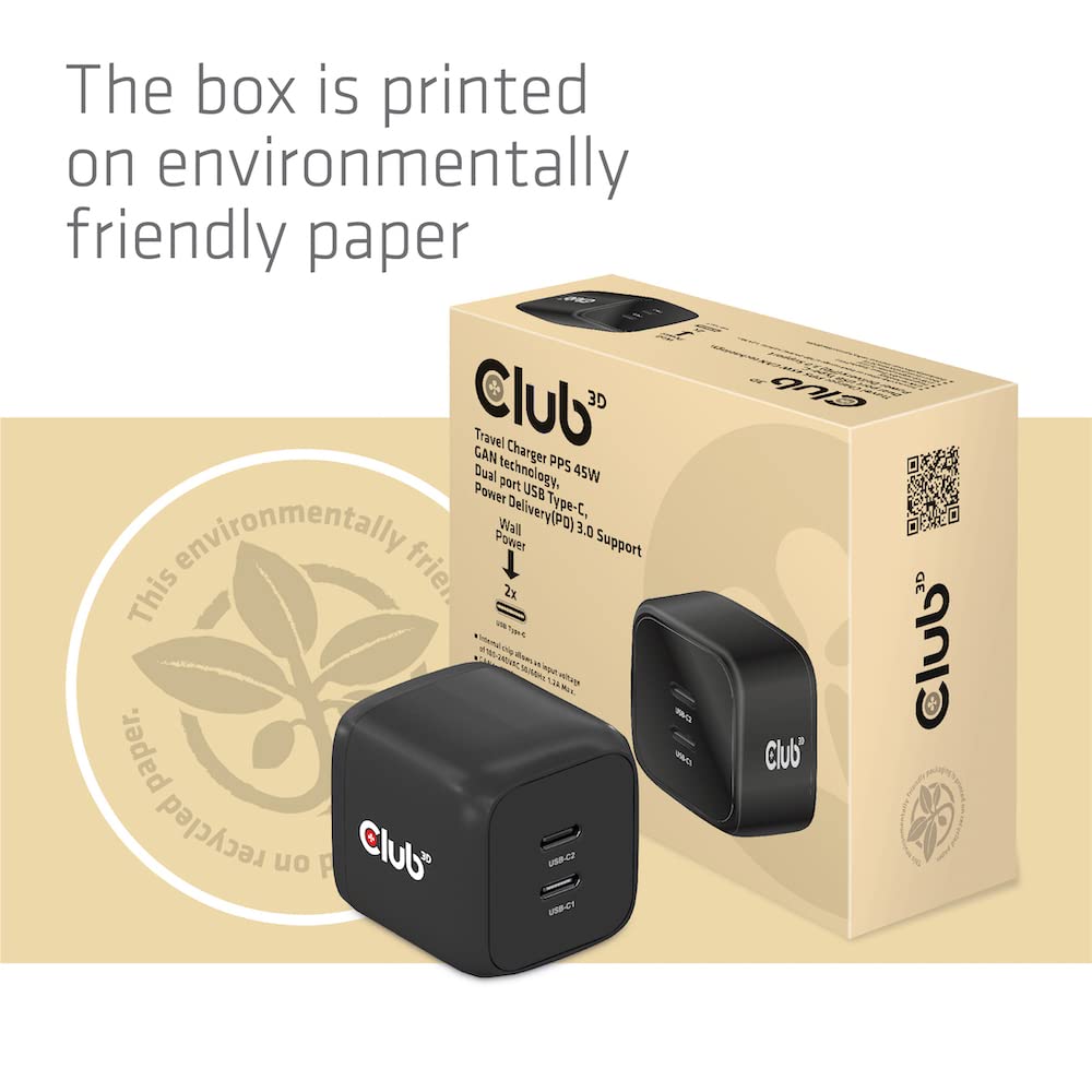 CLUB 3D CARGADOR DE VIAJE 2XUSB TIPO C, PD 45W