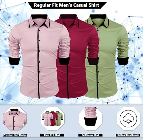 Image of Zombom Combo of Men's Cotton Blend Solid Regular Fit Casual Full Sleeves Shirts (Pack of 3)