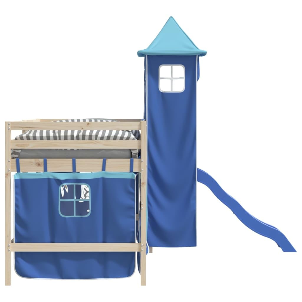 Cortinas para cama alta con torre azul de poliéster, accesorios de cama para habitación infantil, juego de 7 piezas con bolsillos, alzapaños y tubos de metal para somier, zona de juegos y