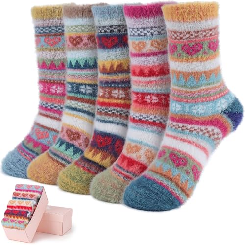 Image of SISOSOCK 5 Pairs Fuzzy Soft Cozy Comfortable Socks for Women, Casual Sleep Comfy Socks, Perfect Warm Winter Gifts for Women