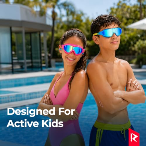 Image of ROVARS Swimming Goggles for Kids with Nose & Ear Plugs, Leakproff Full Frame with Adjustable Strap, Anti Fog and UV Protection for Boys & Girls (2100 Pink, Above 6 Years)