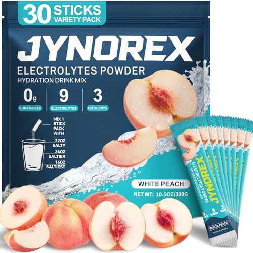 JYNOREX Sugar-Free Electrolyte Powder Packets, 30 servings (White Peach)