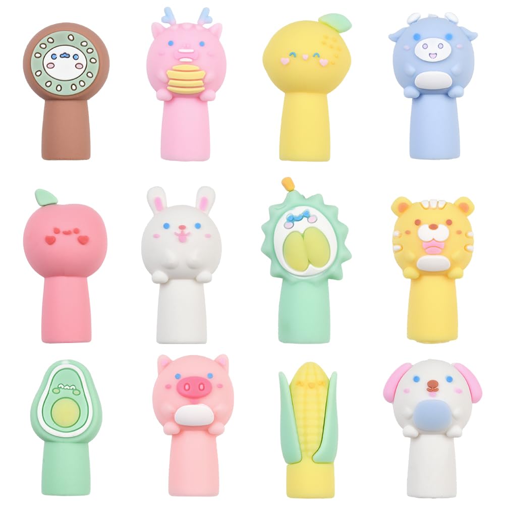 SUNNYCLUE 1 Box 24Pcs 12 Styles Animal Pencil Toppers Cute Pencil Toppers Silicone Soft Aossorted Cartoon Fruits Shaped Decor Pen Top Caps for Classroom Rewards Prizes Gift Students School Supplies