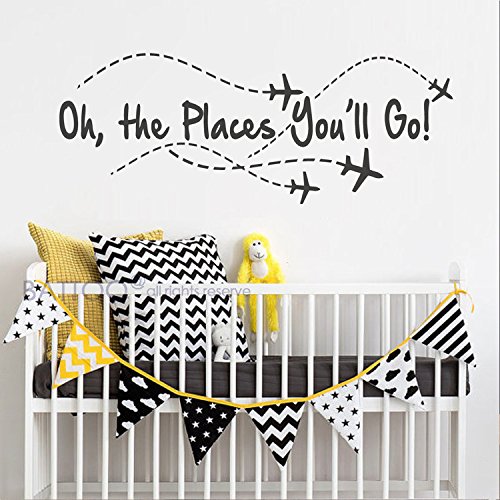 Image of BATTOO Airplane Wall Decal - Oh The Places You'll Go - Nursery Quote - Pilot - Boy & Girl Decor (Black, 22" W x 8.5" H)
