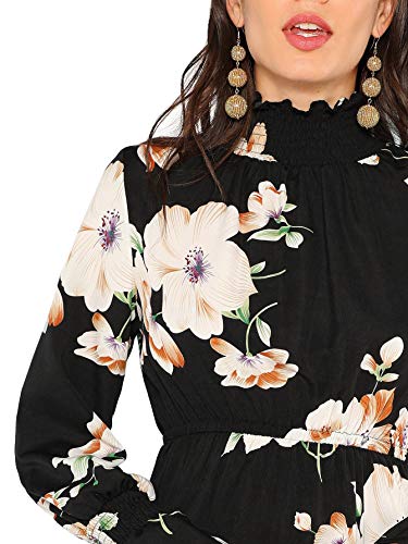 Milumia Women Tassel Tie Smocked Waist Button Up Botanical Dress Burgundy L