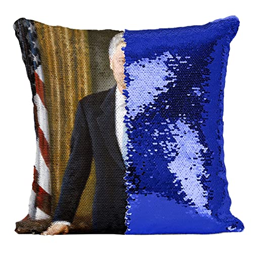 Coussin paillettes bleu Bill Clinton idée cadeau originale maison