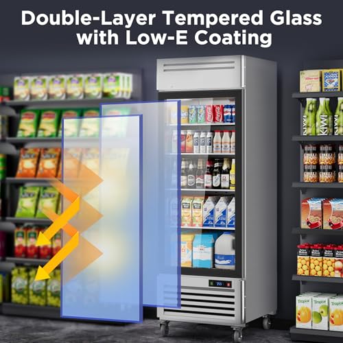 Image of Coolake 27 inch W Glass Door Commercial Display Refrigerator, 23 Cu.Ft Stainless Steel Merchandiser Refrigerator, Reach-In Merchandiser Fridge with Led Lighting for Restaurant Retail Shop Stores
