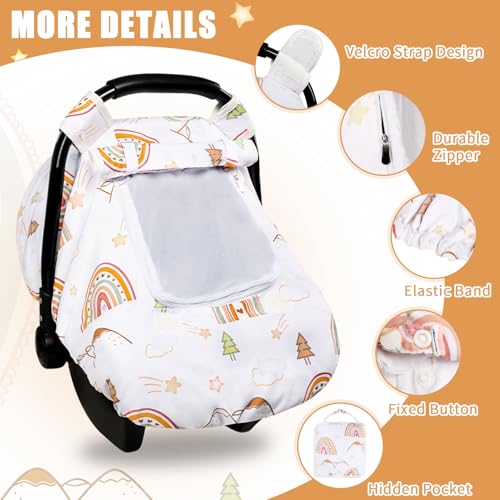 Image of Car Seat Covers for Baby, Winter Baby Car Seat Cover with Peep Mesh Window, Windproof Infant Car Seat Canopy for Girls Boys, Machine Washable, Rainbow Star