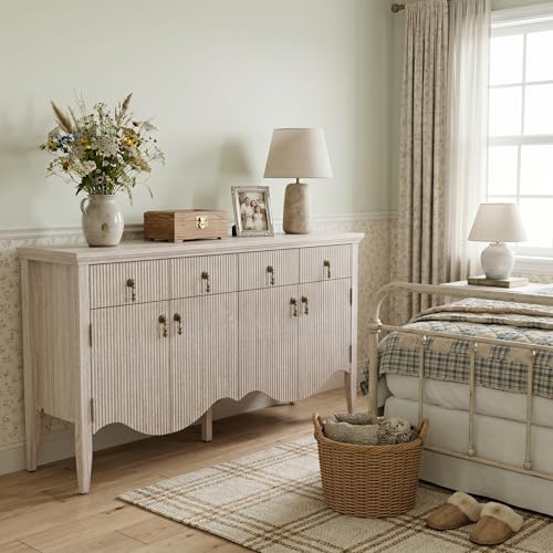 Image of FUSUNBAO 57 inch Fluted Sideboard Buffet with Storage, 4 Doors & 3 Drawers, Oak | 3 Drawers and 4 Doors, Vintage Fluted with Scalloped Base, Organic Modern Accent Cabinet, For Dining Room