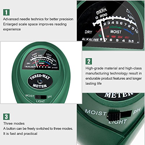 SONKIR MS01 Boden-pH-Meter, 3-in-1-Boden-Feuchtigkeits- / Licht- / pH-Tester Garten-Werkzeugsätze für Garten, Rasen, Bauernhof (grün) - Image 5
