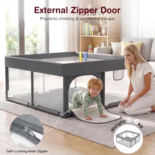 Image of Kidirect Baby Playpen with Play Mat 47x47 - Small Playpen for Babies & Toddlers, Activity Center, Indoor Outdoor, Grey