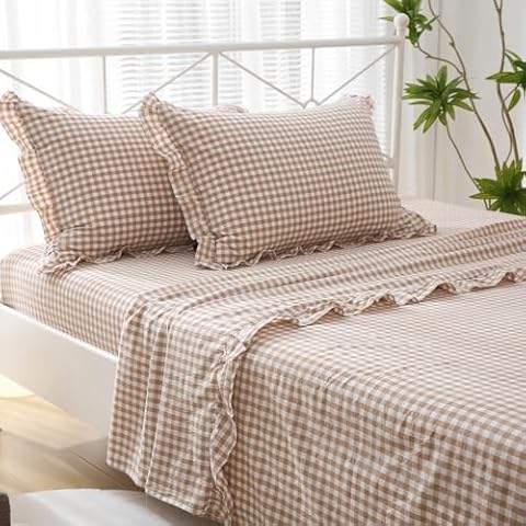 K MASANIJI Taupe White Plaid Ruffle Sheets Queen Size 4-Piece Set, 300TC 100% Yarn Dyed Washed Cotton Checker Sheets 18'' Deep Pocket Farmhouse Gingham Decorative Bedding（Taupe/White Plaid, Queen） Cover