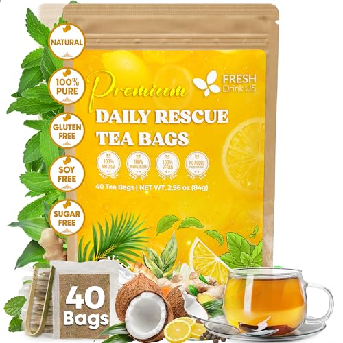 Image of FreshDrinkUS, Premium 40 Tea Bags Daily Rescue Lemon Ginger Tea - 9 Superherbs - 100% Natural Ingredients, Tea Mix for Wellness Boost - Shelf-Stable, Caffeine-Free, Sugar-Free, Vegan