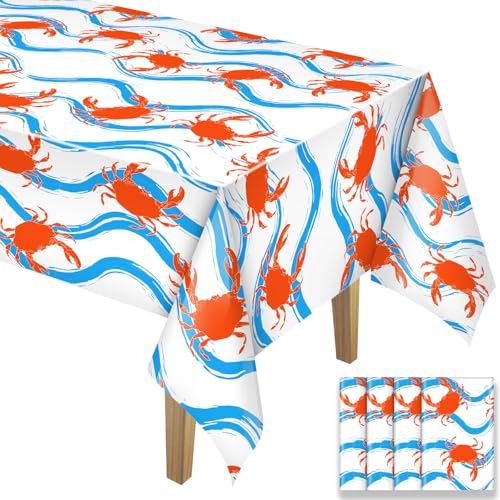 Image of Juexica 4 Pcs 54 x 108 Inch Crab Boil Party Table Cloth Summer Seafood Party Supplies Plastic Crab Tablecover Decorations Rectangular for Sea Animals Dining Kitchen Centerpiece (Blue Waves Style)