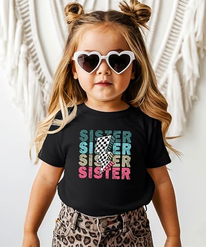 Trendy Sister Shirt for Girls Checkered Lightning Bolt Graphic T-Shirt3
