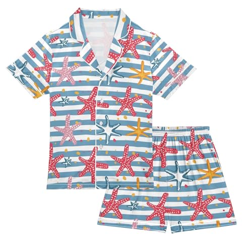 ALAZA Starfish Striped Pajamas Satin Pajama Set Short Sleeve Button Down Sleepwear
