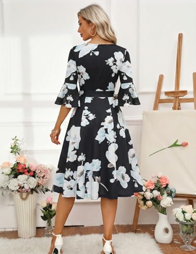 Image of HomRain Women's Church Dresses Modest Bell Sleeve Wedding Guest Cocktail Tea Party Vintage Evening Dress