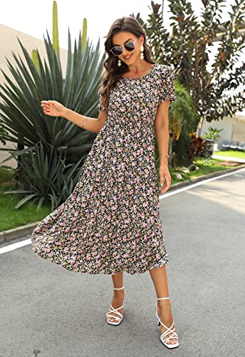 Image of NAVINS Womens Floral Print Modest Wedding Guest Midi Dress with Pockets | Puff sleeve tiered boho dress for summer, church, and vacations. Elastic waist, Below knee, hand or machine wash.