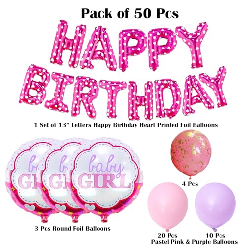 Image of Rozi Decoration Pink & Purple Happy Birthday Decoration Kit for Baby Girl - 50 Pcs Balloon Set, Birthday Decoration Kit for Baby Girl | Party Decoration for Bday