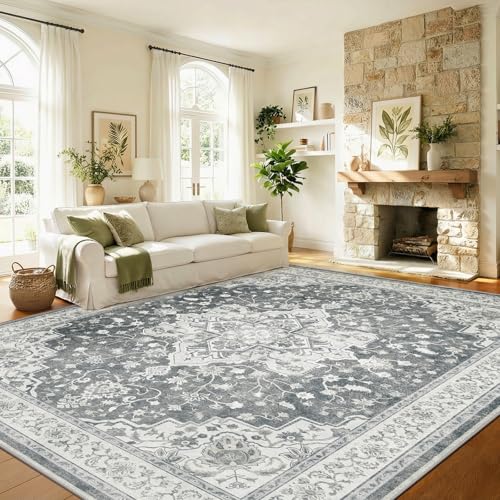 Marsail 8x10 Machine Washable Area Rug,Soft&Slip-Resistant Large Area Rug with Reinforced Bound Edges,Vintage Short-Pile Washable Rug with Floral Pattern for Living Room,Dinning Room and Bedroom,Grey