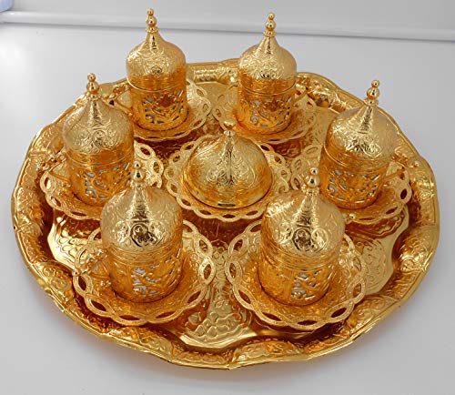 Gold color Set of 6 coffee cups with metal saucer, cup holder, lid & tray/Moroccan drink ware/Home decorative