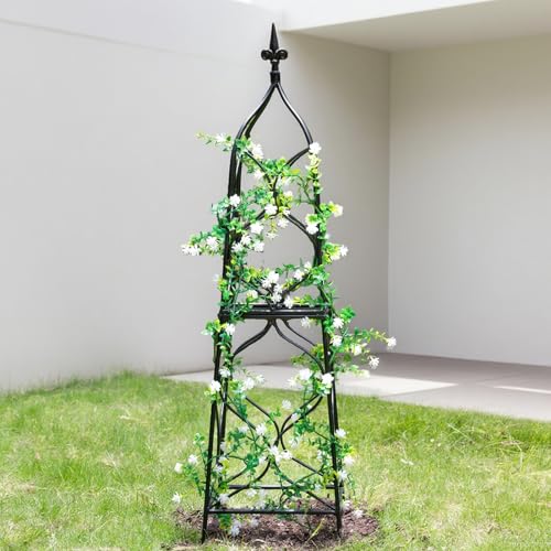 GOOOXIM Obelisk Trellis for Garden - 38.3' x 10.03' Durable Metal Climbing Support for Roses, Vines & Flowers | Elegant Black Design with Decorative Top & Hollow Sides