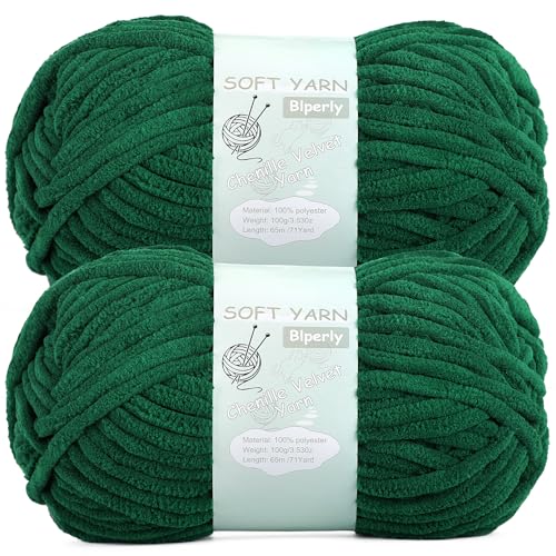 Chunky Chenille Yarn Velvet Soft Super Bulky Size 6 for Crocheting Knitting Baby Blanket Yarn 100g 71 Yds per Skein Easy to Use for Scarves Amigurumi Crafts (2 Dark Green)