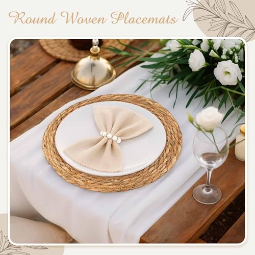 Image of 30 Pcs Cattail Round Woven Placemats Set, Cattail Placemats with Pearl Napkin Rings Boho Farmhouse Rustic Woven Chargers Natural Mat Bulk for Wedding Party, Dinner Table (13 Inch)