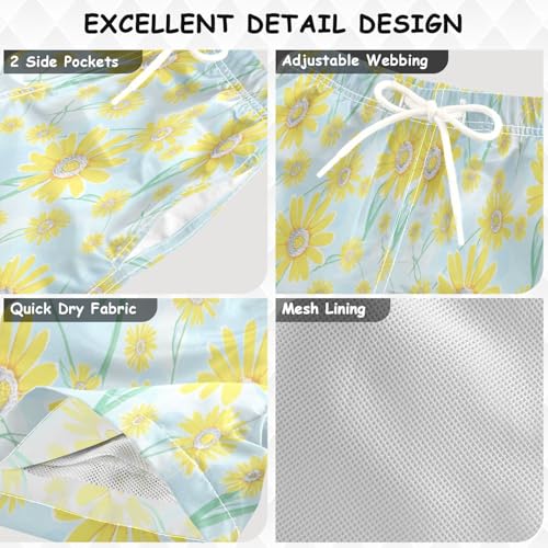 Boys' Swim Shorts & Trunks, Anti Chafe Swim Trunks for Boys 2 T, Yellow Daisy Flowers Light Blue3