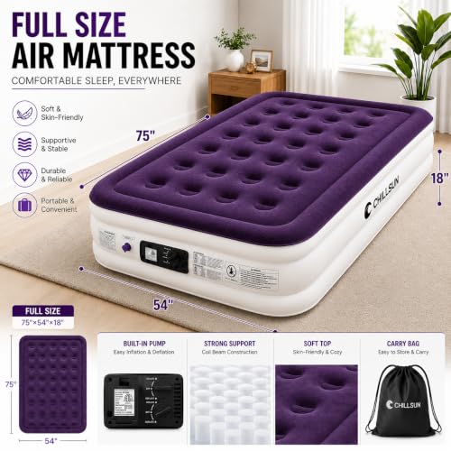 Image of CHILLSUN Air Mattress Full with Built in Pump, 18 inch Raised Comfort Blow up Mattress, Inflatable Mattress colchon inflable, Upgraded Flocked Top Air Bed with Storage Bag for Home, Camping & Guests