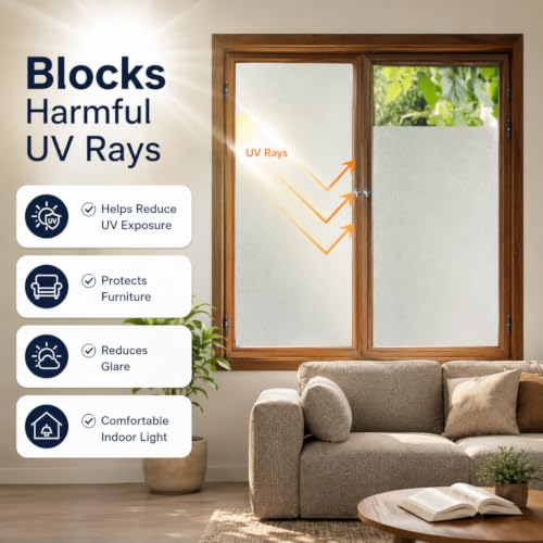 Image of Self Adhesive Window Privacy Film for Glass Windows & Doors | UV Blocking, Heat & Glare Reduction | Decorative Frosted Glass Film Easy to Apply (Frosted White Finish, 12X62 Inch)
