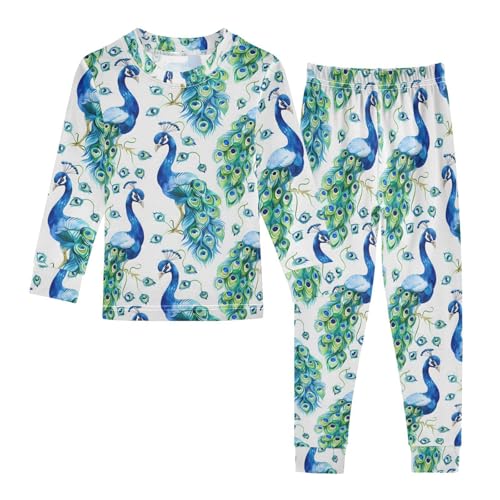 ALAZA Peacock Stylish Watercolor Pajamas Long Sleeve Sleepwear 2-Piece Pajama Set 6Y