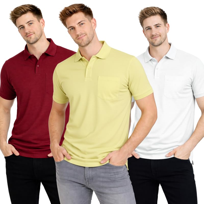 Image of SMAN Polo Neck T-Shirt Pack of 3 for Men & Boys | Half Sleeve Collar Tee with Pocket | Premium Spun Matty Fabric | Casual & Office Wear | Sizes M to 2XL | FX PO3 MCR LMN WHT