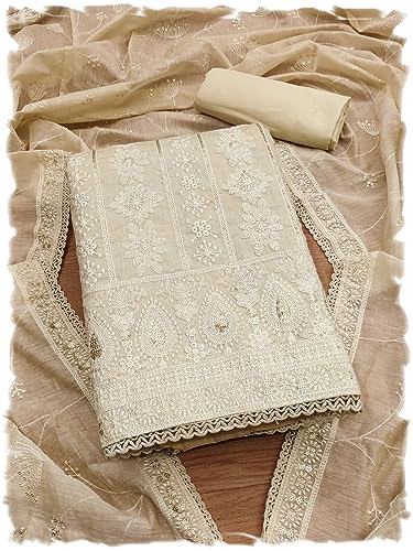 Image of Pandadi Saree Women's Elegant Lucknowi Work with Modal Cotton Chanderi and Embroidered Dupatta Unstitched Dress Material