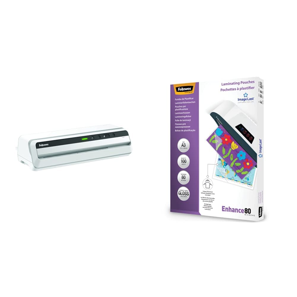 Fellowes Plastificatrice a caldo Jupiter A3, fino a 250 micron, colore bianco, starter pack 10 pouches + Pouches Lucide Enhance80, Formato A3, 100 pezzi