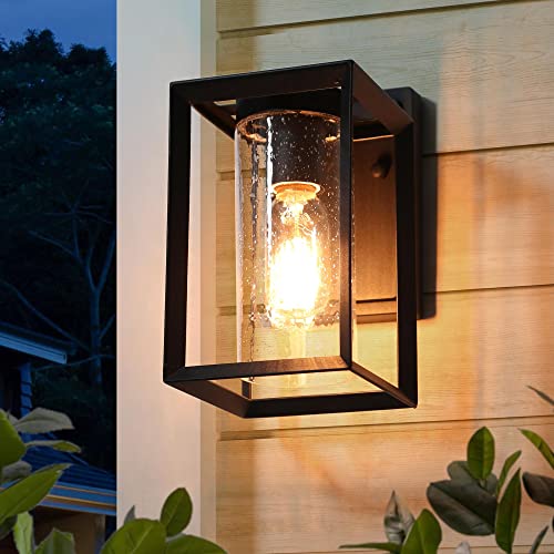 Black Outdoor Light Fixture, Farmhouse Porch Lights With Cylinder Seeded Glass Shade, Exterior Waterproof Sconce Wall Lighting For Patio, Yard, Garage #TOP6