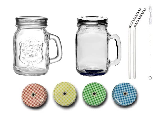 Image of SAVE Assorted Mason Jars with Bent Stainless Steel Straws and 2 Lids, with handle | Lid without Hole | and Free Lid with Hole | Airtight Lid | Transparent Glass | 450 ml | Multicolour Lid with Hole | Handle Mason Jar(Bent Straws)
