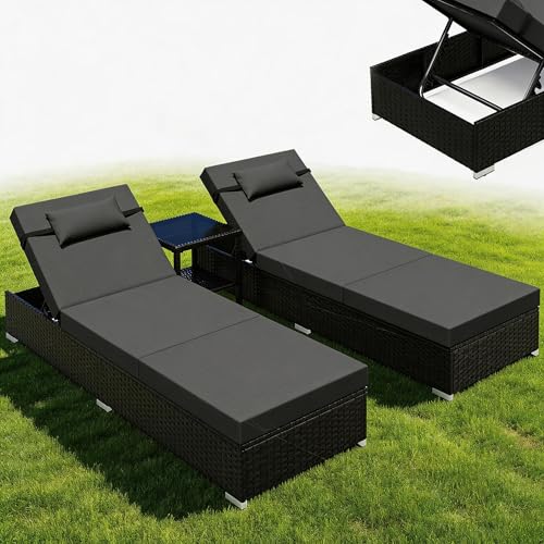 UDPATIO Lot de 2 Chaises Longues de Jardin avec Table, Bain de Soleil 5 Positions de Réglage, Charge 160 kg, pour Terrasse, Pelouse, Jardin, Piscine, Rotin Noir et...