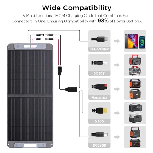 100W Solar Panel Portable for Power Station, 20V Monocrystalline Foldable Solar Panel with 23.5% High Efficiency 4 in 1 Solar Cable, Waterproof Solar Charger for Outdoor Camping Van RV Trip - Image 3